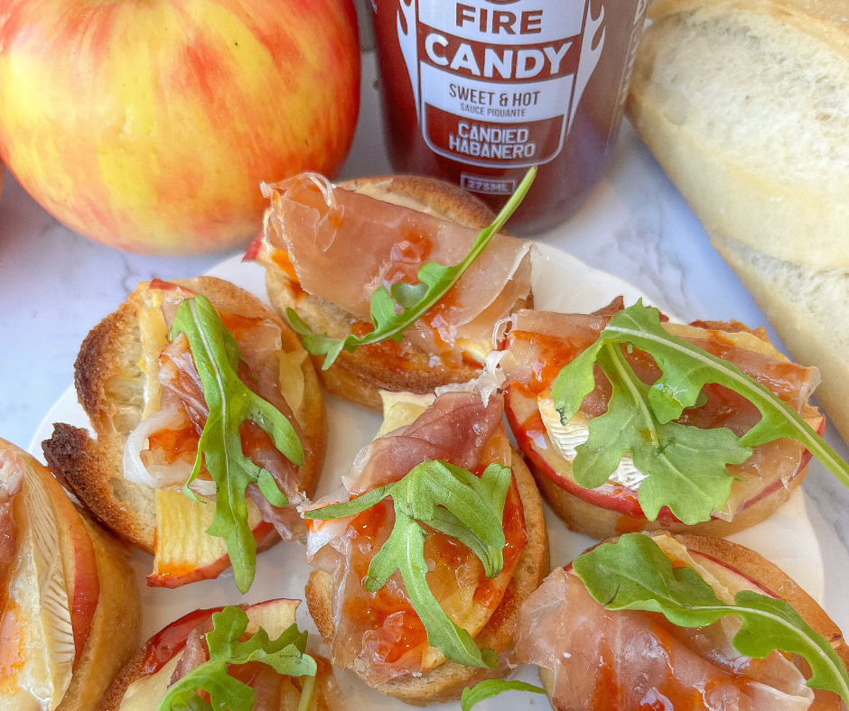 Hot Honey Apple, Proscuitto & Brie Crostinis – Maritime Madness