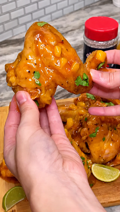 Close-up of a crispy chicken wing coated in glossy mango hot sauce, garnished with cilantro and chunks of mango, held above a platter of saucy wings with fresh lime wedges.